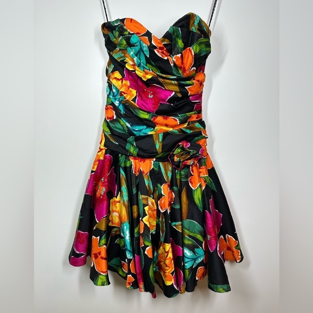 Vintage Positively Ellyn Colourful Floral Strapless Dress‎ with Rosette Size 10